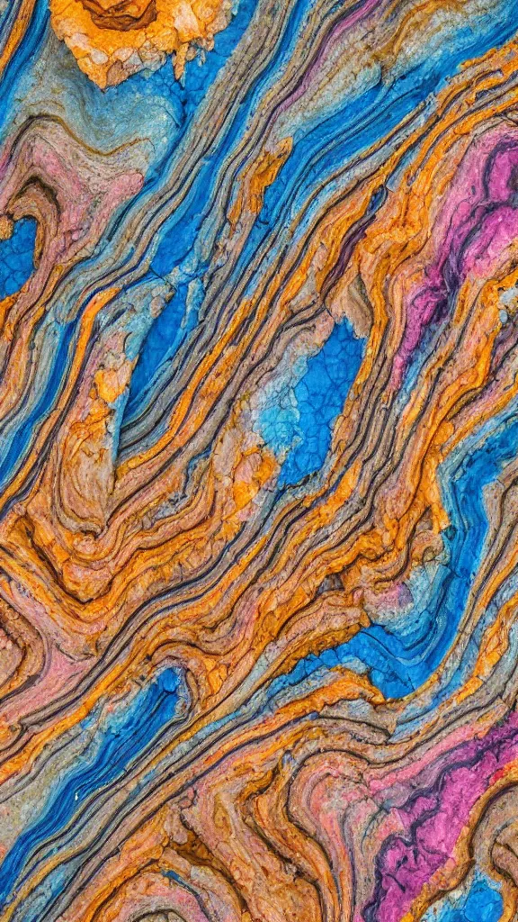 Prompt: vivid and pastel colors, folded, deep tessellated planes and shelves of rock, alien sedimentary schematic, igneous rock, marbled veins, macro photography, 3D!!! diorama, depth of field with a patina of inlaid circuitry, layers of strata, mineral grains, dramatic lighting, rock texture, sand by James jean, geology, octane render in the style of Luis García Mozos