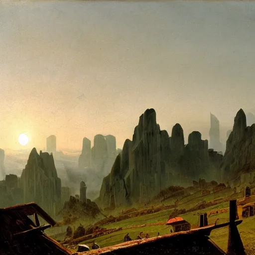 Prompt: village in the sky, sharp pointy mountains piercing through the clouds, wooden platforms, tents, colors, misty clouds, sun at dawn, brutalism, painting by caspar david friedrich