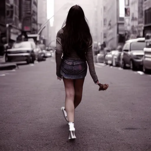 Image similar to a brunette girl, in her twenties, very long hair, dressed casually, walking from behind in the streets of new york, city lights, smoke, cinematic