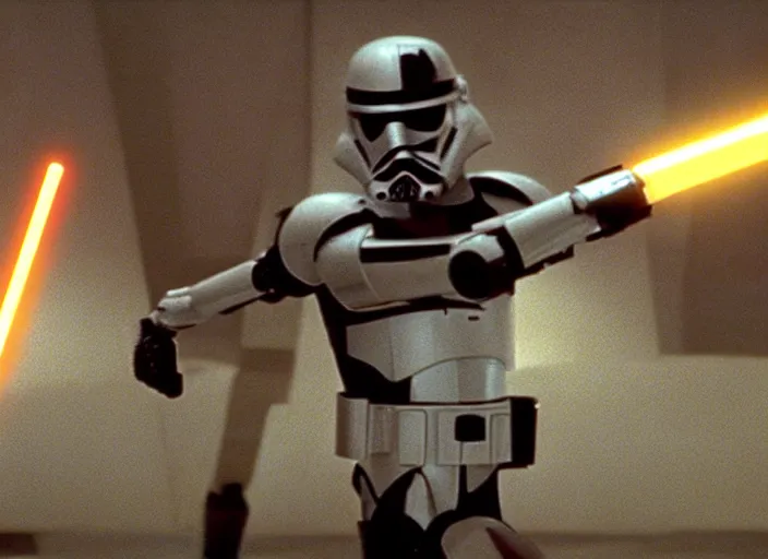 Image similar to screenshot of the jedi sithtrooper droid with lightsaber arms, iconic scene from the lost Star Wars film, Shadows Of the Empire, 1990 directed by Stanely Kubrick, lens flare, moody cinematography, with anamorphic lenses, crisp, detailed, 4k