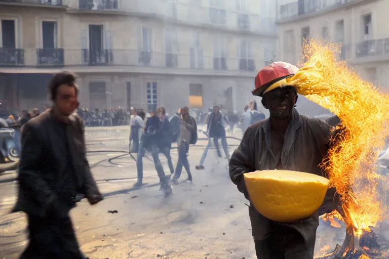 Image similar to closeup potrait of a man carrying molten cheese over his head during a fire in Paris, photograph, natural light, sharp, detailed face, magazine, press, photo, Steve McCurry, David Lazar, Canon, Nikon, focus