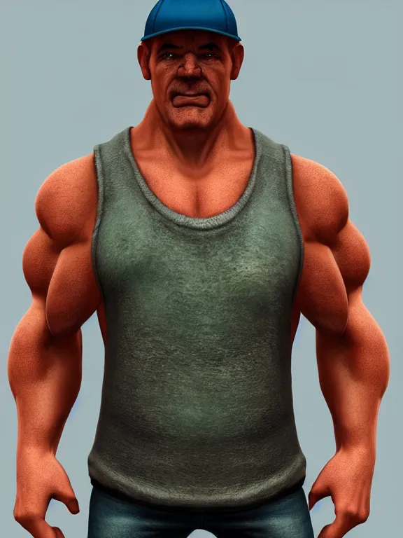 Image similar to strong man wearing a tanktop!!!! and a flat cap, by comic book artist eric powell, hand drawn, comic book, gritty, trending on artstation, ultra high detail, focused, unreal engine 5, octane render, glow