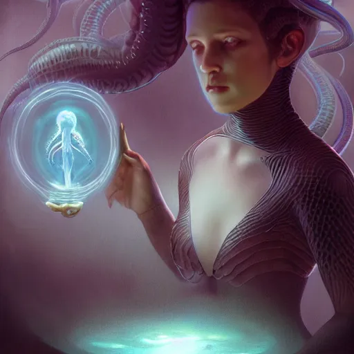 Prompt: by tom bagshaw, a centered wide shot soft paint render of a curiositywater waves lovecraft world, single female underwater with full bodysuit armor, tentacles, bioluminescence, symmetry accurate features, ominous depths, elegance, refractions, reflections, focus, rainbow lighting, very high detail, gods ray, octane, artstation