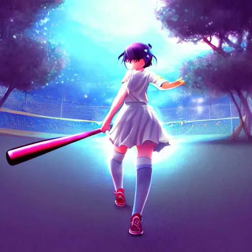 Prompt: this is the most beautiful anime girl playing baseball in the most beautiful artwork of the most beautiful girl playing baseball!, artstation!! pixiv!!, scenery art detailed, volumetric lighting, by range murata