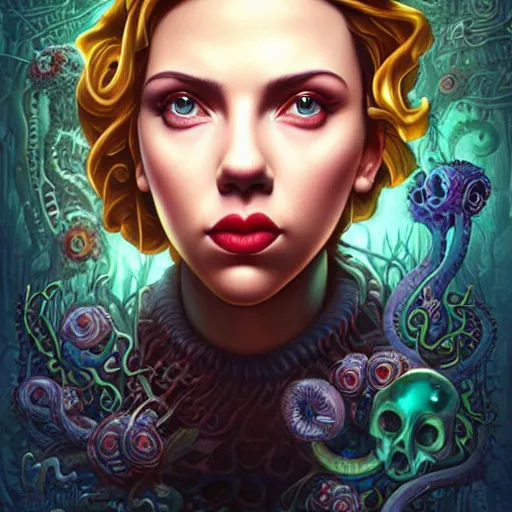 Prompt: Lofi Lovecraft Lovecraftian BioPunk scarlett johansson portrait Pixar style by Tristan Eaton Stanley Artgerm and Tom Bagshaw