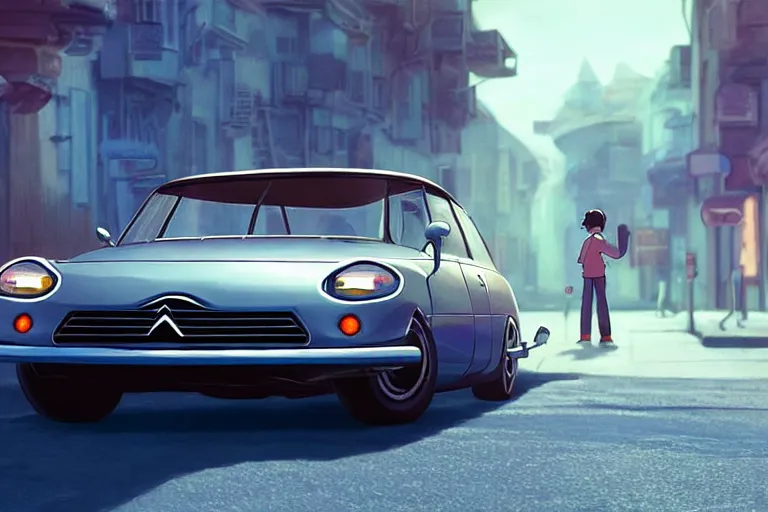 Prompt: a wholesome animation key shot of!! one!! focused! 1 9 7 4 citroen ds! in the street, medium shot, studio ghibli, pixar and disney animation, sharp, very detailed, high resolution, rendered in unreal engine 5, anime key art by greg rutkowski, bloom, dramatic lighting