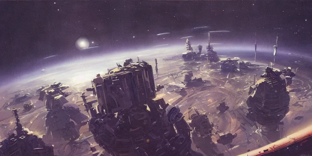 Prompt: a painting of low earth orbit space city by john harris.