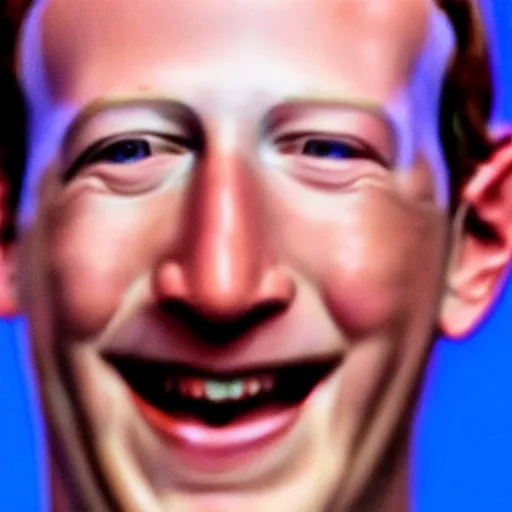 Image similar to extremely zoomed-in photo of sad Mark Zuckerberg with a big smile waving