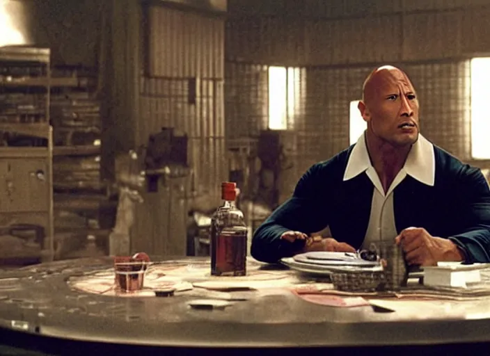 Image similar to film still of Dwayne Johnson as Doctor Evil sitting at the round metal table from Austin Powers