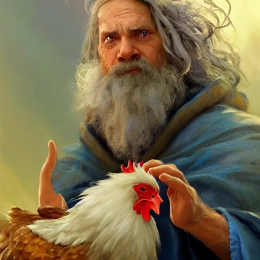 Image similar to a portrait of a wizard with his pet chicken by Johan Grenier and Tony Sart, confused facial expression, blue robe, long white beard, frizzy hair, ArtStation, realistic, detailed