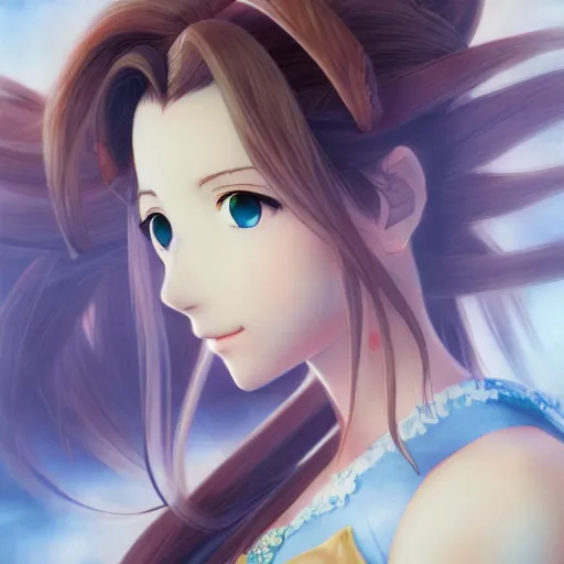 Image similar to portrait of aerith gainsborough, anime fantasy illustration by tomoyuki yamasaki, kyoto studio, madhouse, ufotable, trending on artstation