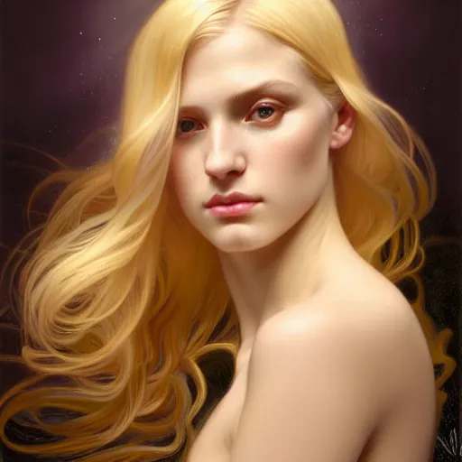 Image similar to portrait of a blonde girl surrounded by shimmering reflective, face, fantasy, intricate, elegant, dramatic lighting, highly detailed, lifelike, photorealistic, digital painting, artstation, concept art, smooth, sharp focus, illustration, art by John Collier and Krenz Cushart and Artem Demura and Alphonse Mucha and and Albert Aublet