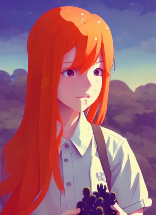 Image similar to portrait of cute redhead girl in orange jumpsuit with fox ears, holding a cactus, cloudy sky background lush landscape illustration concept art anime key visual trending pixiv fanbox by wlop and greg rutkowski and makoto shinkai and studio ghibli