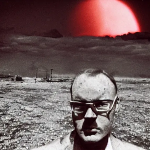 Image similar to last human selfie, horror color photo selfie, nuclear explosion in background