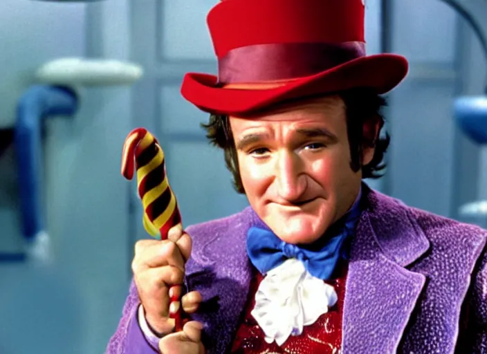 Image similar to film still of Robin Williams as Willy Wonka in Willy Wonka and the Chocolate Factory 1971