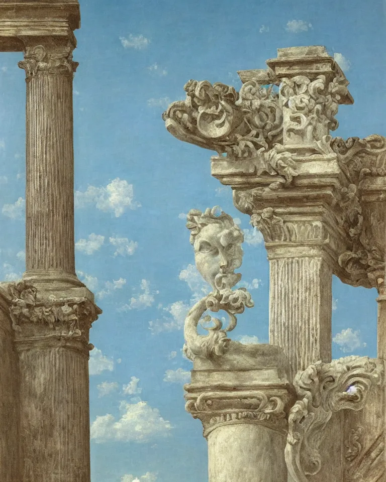 Prompt: achingly beautiful painting of intricate ancient roman ionic capital on a baby blue background by rene magritte, monet, and turner. giovanni battista piranesi.