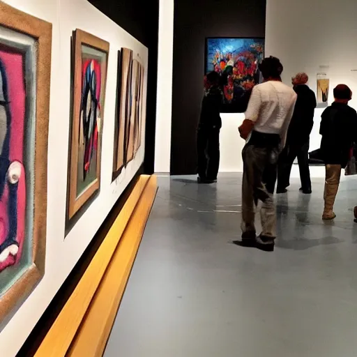 Prompt: clown gallery, photo of clowns in an art gallery looking at artwork of clowns