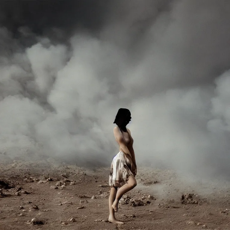 Image similar to The full body shot of beautiful pale woman with many flowers and full-face black mask inside a thick cloud black smoke in rocky desert landscape, glowing eyes, falling star on the horizon by Gaspar Noe, Alejandro Jodorowsky and Christopher Doyle, anamorphic lens, anamorphic lens flares, kodakchrome, cinematic composition, award winning photo, 8k