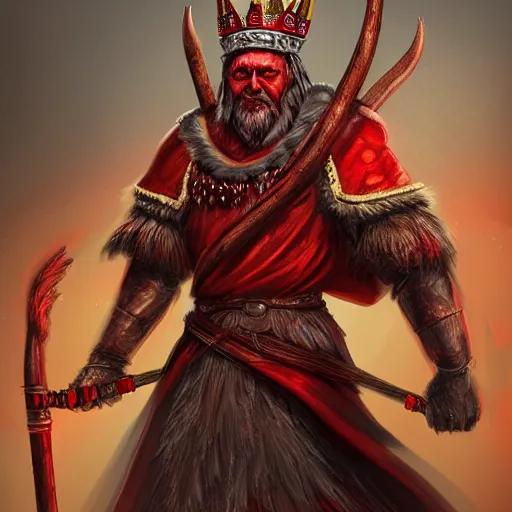 Image similar to full body portrait of a DnD shaman lord, wearing a red crown, red eyes, smiling viciously, holding intricately carved wooden staff, 4k, highly detailed, inspiring digital painting, trending on artstation