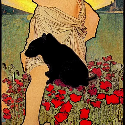 Prompt: a masterpiece painting by mucha exposed at the louvre : a black cat cuddling a racoon in a poppy field with a red sunset in the background