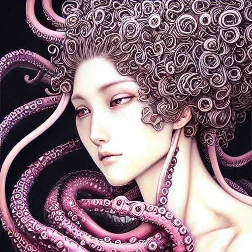 Image similar to a woman with tentacles on her head, an ultrafine detailed painting by ayami kojima, cgsociety, fantasy art, lovecraftian, cosmic horror, detailed painting