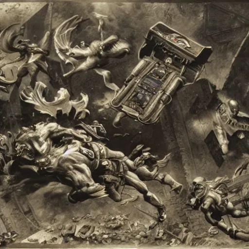 Prompt: Devastation of the Fallen Figures, Victory in Mario Kart, by Gustav Doré and Mario Kart