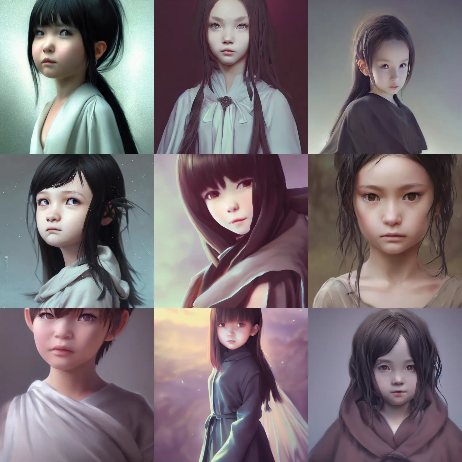 Image similar to realistic style at CGSociety by WLOP,ilya kuvshinov,krenz cushart,Greg Rutkowski,trending on artstation.Zbrush sculpt colored,Octane render in Maya,Houdini VFX.Realistic cute young girl who is dark disciple,expressing joy,wearing robe,silky hair, deep eyes.Oil painting.Cinematic dramatic atmosphere,sharp focus,soft volumetric studio lighting.