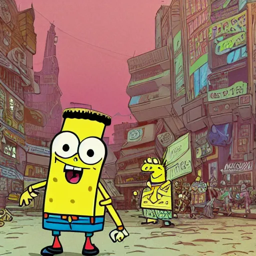 Prompt: precisely drawn illustration of spongebob merged with conan, wide angle, sharp, fine details, french comic style, cyberpunk, intense line art, 8 k, precise linework, realistic, shaded lighting, rutkowski and heavy metal comics and moebius