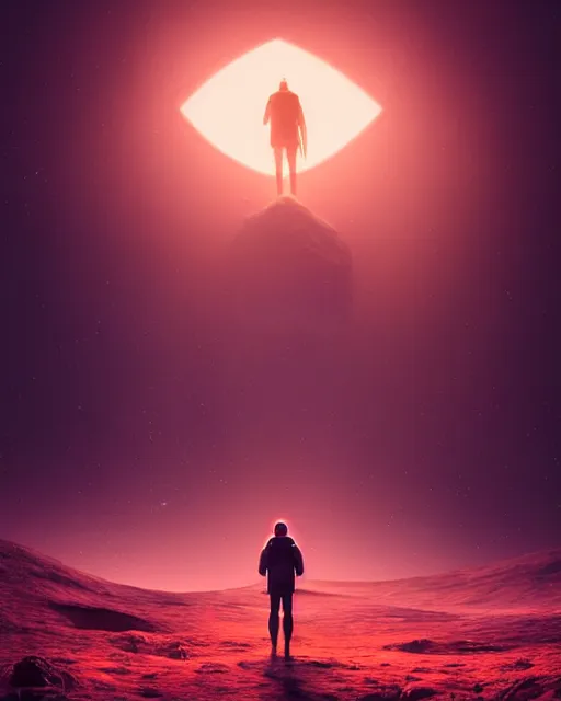 Image similar to a person standing in front of a glowy open door that's on a barren moon, poster art by mike winkelmann, trending on cg society, space art, sci - fi, ue 5, futuristic, volumetric lighting, light casting onto the ground, neat composition and camera angle