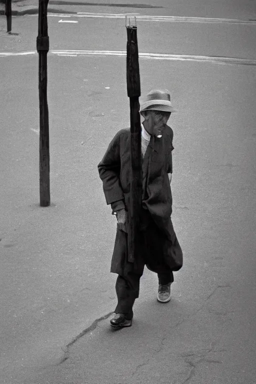 Image similar to man walking down a street holding two canes, detailed face, full shot, 4k high res, 120 black and white film