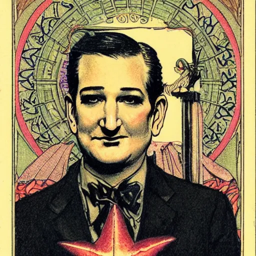 Image similar to ted cruz portrait by louis - theophile hingre, zodiac, tarot cards, planets, ethereal, art nouveau