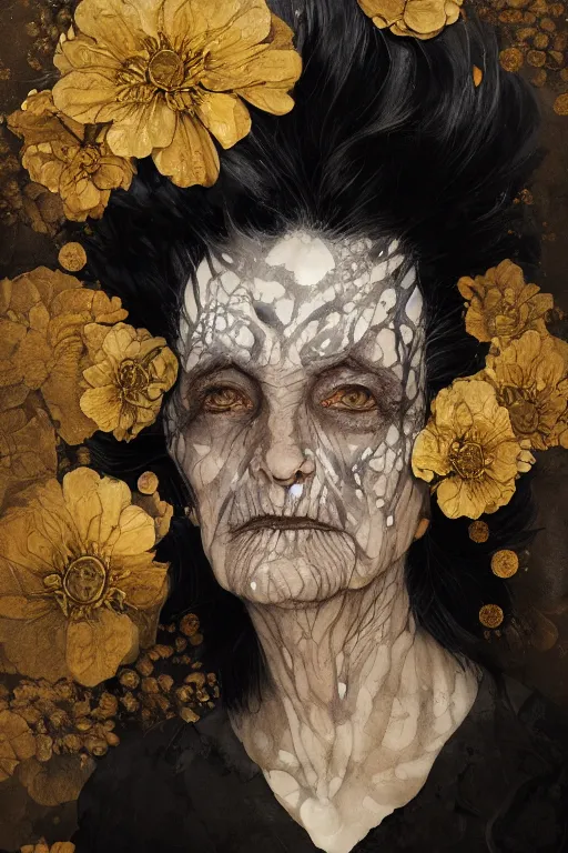 Prompt: portrait of hairy old woman with diluted aquarelle painted skin. close up. very dark black hair, shiny gold eyes. intricate dark flowers pattern on background, high detail, by Peter mohrbacher and Eddie Mendoza