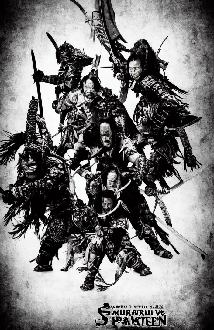 Prompt: movie film poster art for samurai vs predator film shot in feudal japan staring hiroyuki sanada. in the style of ansel adams, frank frazzetta, warcraft