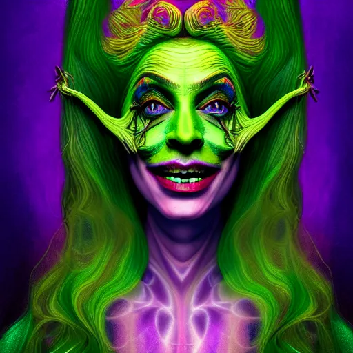 Image similar to An extremely psychedelic portrait of the Wicked Witch, surreal, LSD, face, detailed, intricate, elegant, lithe, highly detailed, digital painting, artstation, concept art, smooth, sharp focus, illustration