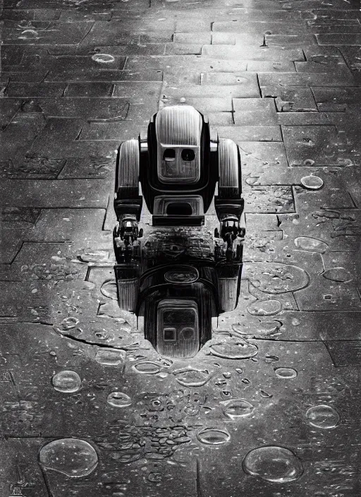 Image similar to a very detailed robot, bent over the reflection in a puddle, black and white, manga, perfectly face, highly detailed, masterpiece, artstation, golden ratio, soft light, perfect intricate highly detailed, detailed, painting by jemes jean, digital lines, 8 k