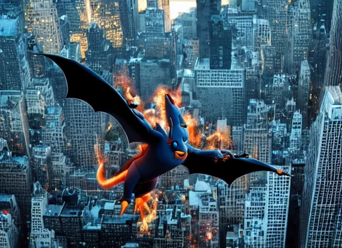 Prompt: charizard flying above new york, film still in the new batman movie, 4 k