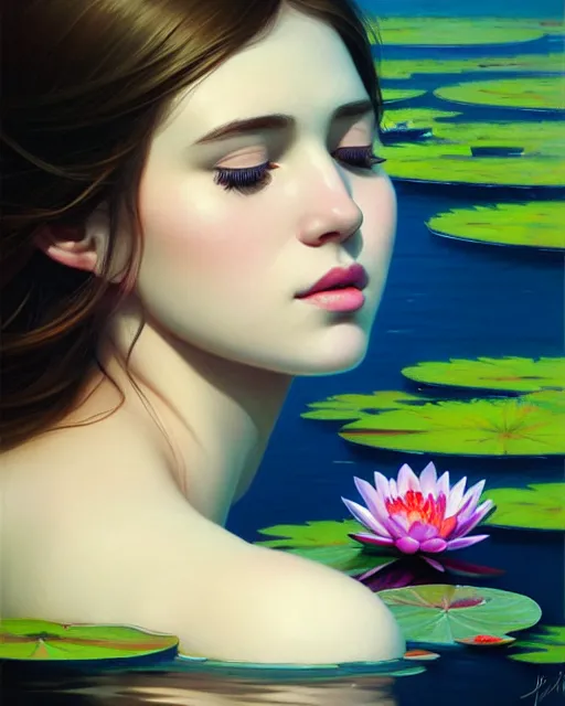 Image similar to stylized portrait of an artistic pose, composition, young lady sleeping in a pond, water lilies, flowers, one single head, realistic shaded, fine details, realistic shaded lighting poster by ilya kuvshinov, magali villeneuve, artgerm, jeremy lipkin and michael garmash and rob rey