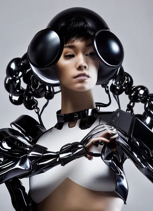 Image similar to Close upper body shot. Artistically angled subject. Professional studio portrait lighting. Technological fashion photography. Mechanical wearables designed by Ikeuchi Hiroto. Hydraulics. Reflective domes. Bulky wearables. Receiver Antennae.