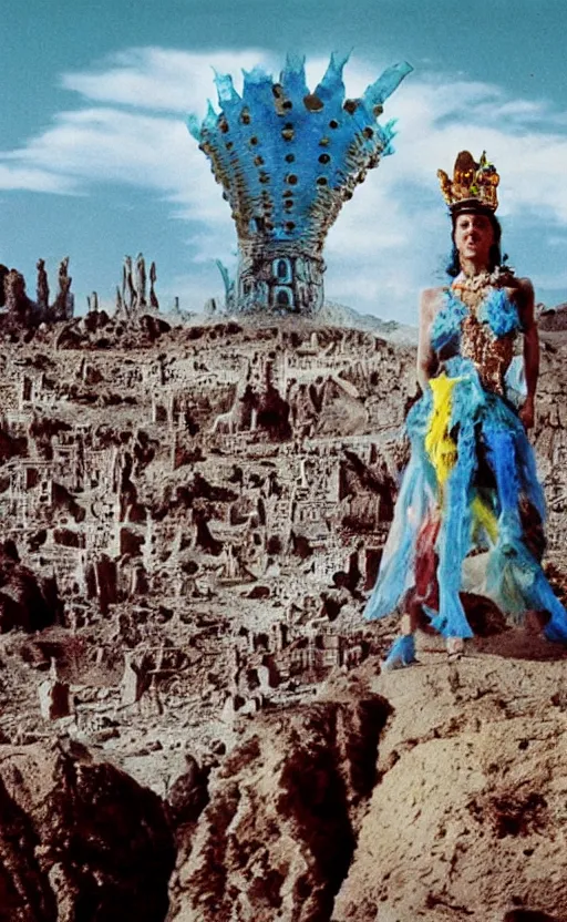 Image similar to salvador dali wearing a great crown with blue jewels in a dry rocky desert landscape, visible sky and sunny atmosphere, alien city ruins in the background, film still from the movie by alejandro jodorowsky with cinematogrophy of christopher doyle and art direction by hans giger, anamorphic lens, kodakchrome, very detailed photo, 8 k