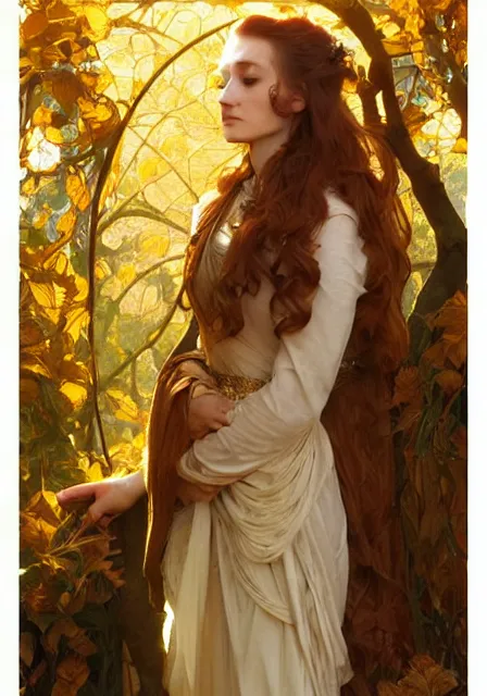 Image similar to sansa stark gold lights sunny autumn, intricate, elegant, highly detailed, digital painting, artstation, concept art, smooth, sharp focus, illustration, art by artgerm and greg rutkowski and alphonse mucha and william - adolphe bouguereau