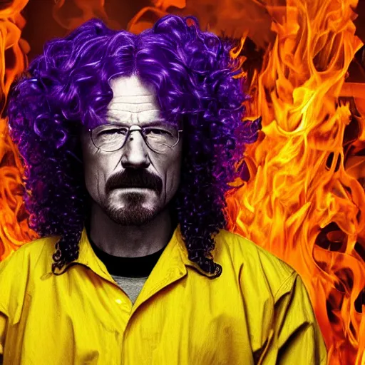 Prompt: walter white with long purple curly hair, dye, caught fire