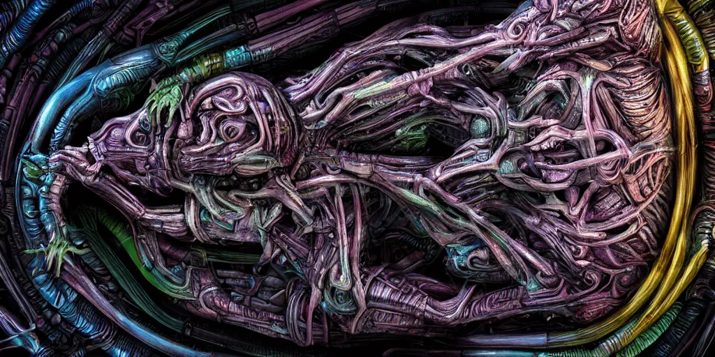 Image similar to dreamscape, giger, alien, vivid colors, colorful, anatomical, highly detailed sculpture, intricate detailed, ommatidia, 8 k, cinematic atmosphere, post - processing