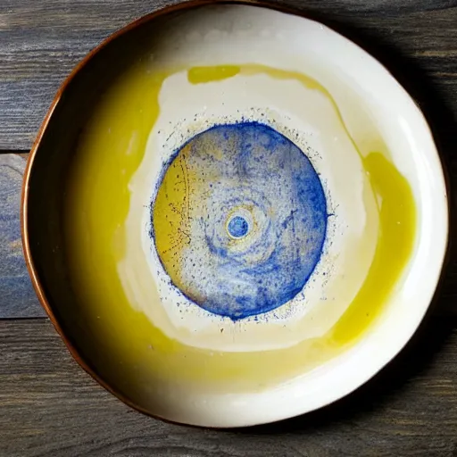 Image similar to olive oil and vinegar drizzled on a plate in the shape of the solar system