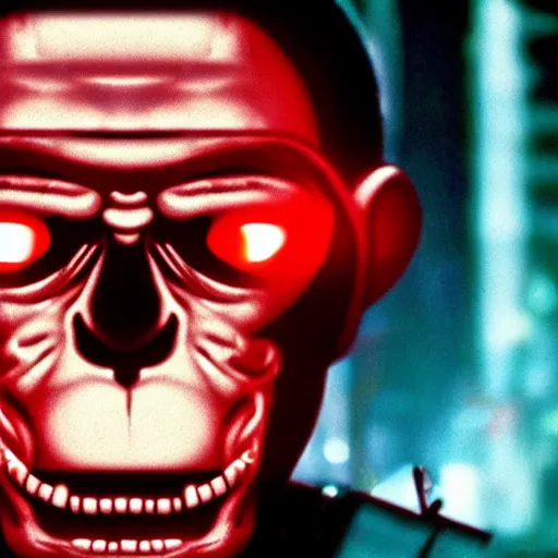 Prompt: A monkey as The Terminator (1984), glowing red eyes, in cyberpunk style