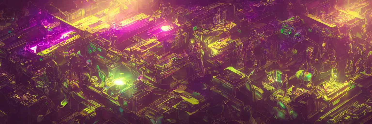 Prompt: solarpunk arcade cabinets, golden glow, dark green and purple, cinematic, detailed, illustration, art by Yintion J , Jiang Geping and artgerm