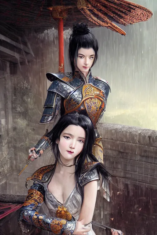 Prompt: portrait black hair young knights of Dynasty Warriors girl, matt white color reflected armor, in ruin chinese temple rooftop heavily rain sunrise, ssci-fi and fantasy, intricate and very beautiful and elegant, highly detailed, digital painting, soft light, artstation, concept art, smooth and sharp focus, illustration, art by tian zi and WLOP and alphonse mucha