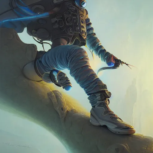 Prompt: futuristic balenciaga sneakers by jesper ejsing, james jean, justin gerard, tomasz alen kopera, cgsociety and fenghua zhong, subsurface scattering, highly detailed, rim light, art, cinematic lighting, very coherent, hyper realism, high detail, 8 k