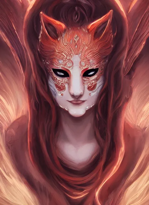 Prompt: a beautiful detailed oil on copper art illustration of a japanese kitsune mask devil beautiful woman, centered, by charlie bowater, zeng fanzh, trending on artstation, dim dusk lighting, cinematic lighting, detailed lighting, volumetric lighting, realistic, f 8, 4 k hd wallpaper