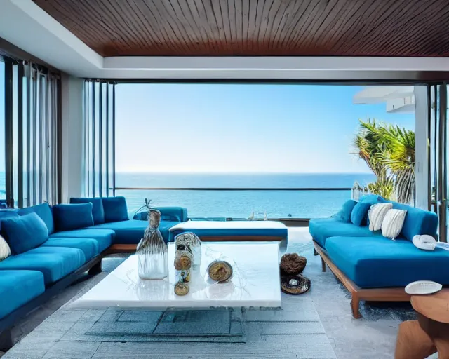 Image similar to A modern living room in a ocean hues style next to a big terrace overlooking the ocean, luxurious wooden coffee table in the center, inspired by the ocean, calm, relaxed style, harmony, wide angle shot, 8k resolution, ultra detailed