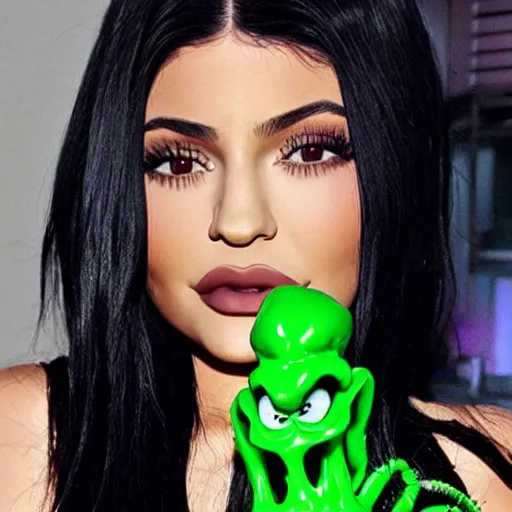 Image similar to kylie jenner held menacingly by an xenomorph, highly detailed, photorealistic, hyper realistic, slime, saliva, smooth